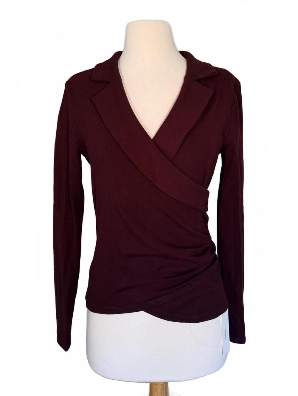 NWT Commense Long Sleeve Wrap Top in Burgundy - Picture 4 of 6